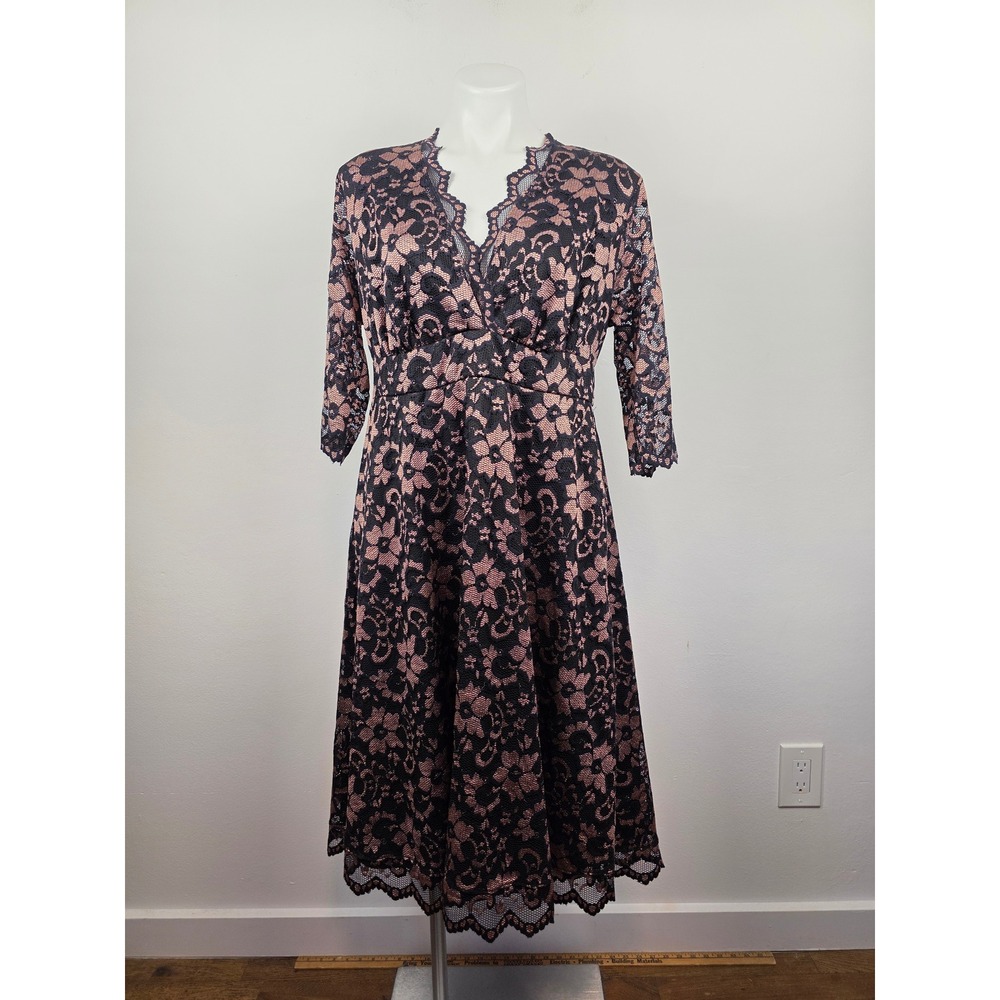 Kiyonna Mon Cherie Lace Dress Black Blush Pink 3/4 Sleeve Midi Plus Size 1